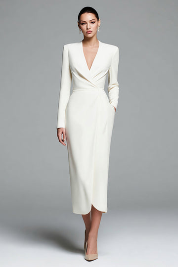 Ivory Sheath V-Neck Work Dress With Long Sleeves